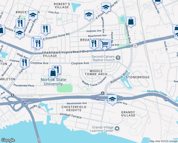map of restaurants, bars, coffee shops, grocery stores, and more near 2705 Park Crescent in Norfolk