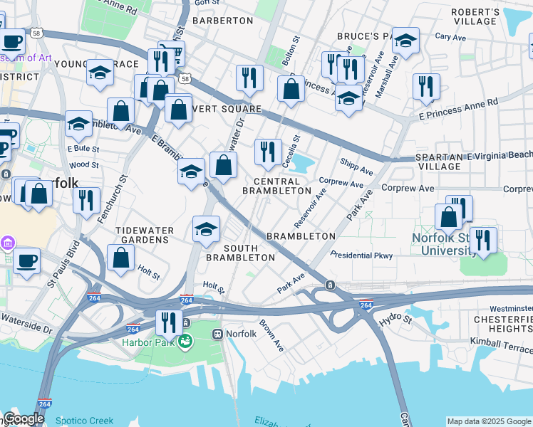 map of restaurants, bars, coffee shops, grocery stores, and more near 1240 East Brambleton Avenue in Norfolk