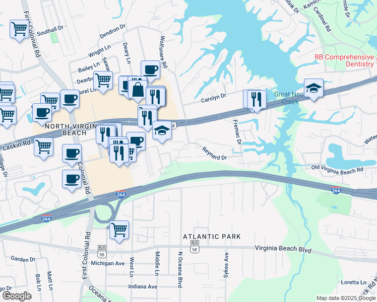 map of restaurants, bars, coffee shops, grocery stores, and more near 1419 Automne Circle in Virginia Beach