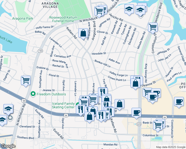 map of restaurants, bars, coffee shops, grocery stores, and more near 500 Taldan Court in Virginia Beach