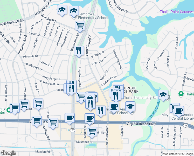 map of restaurants, bars, coffee shops, grocery stores, and more near 404 Constitution Drive in Virginia Beach