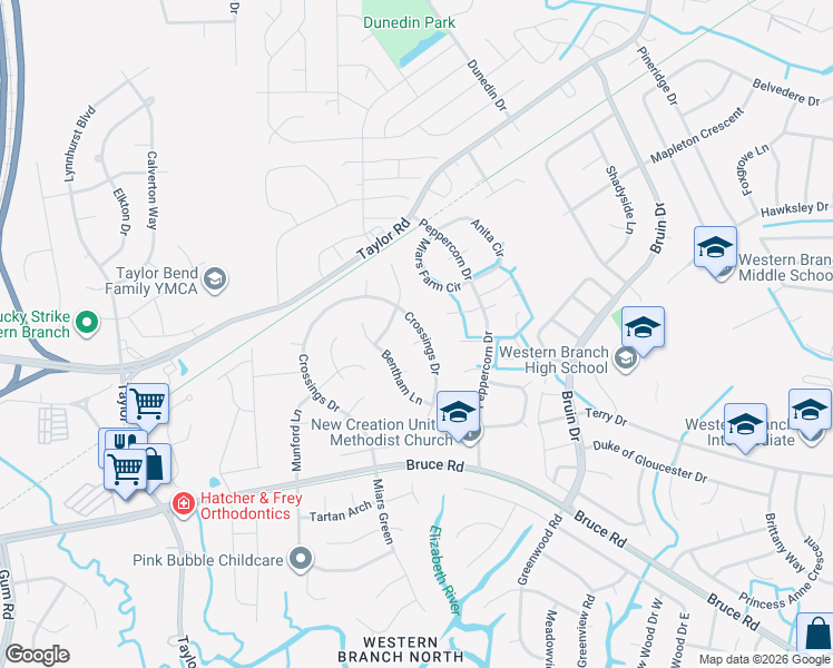 map of restaurants, bars, coffee shops, grocery stores, and more near 2839 Crossings Drive in Chesapeake