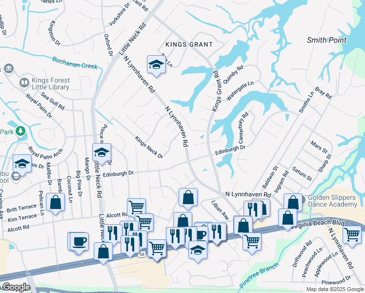 map of restaurants, bars, coffee shops, grocery stores, and more near 491 North Lynnhaven Road in Virginia Beach