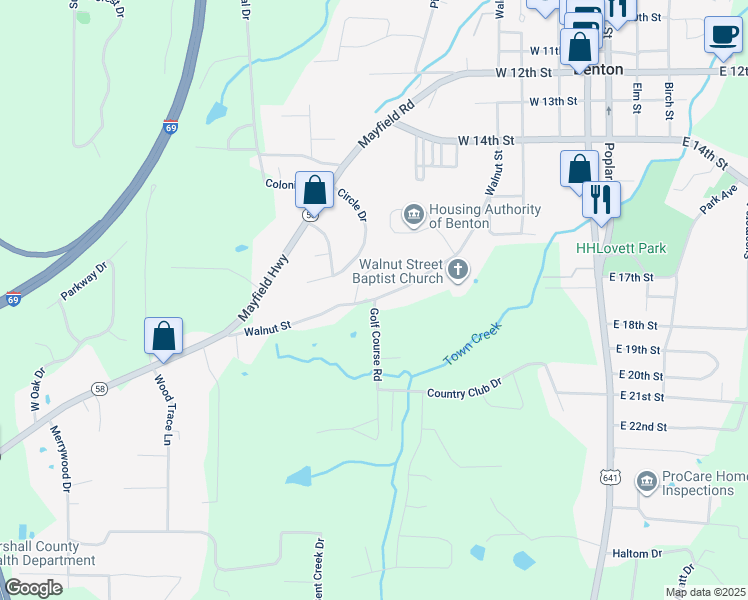 map of restaurants, bars, coffee shops, grocery stores, and more near 1701 Walnut Street in Benton