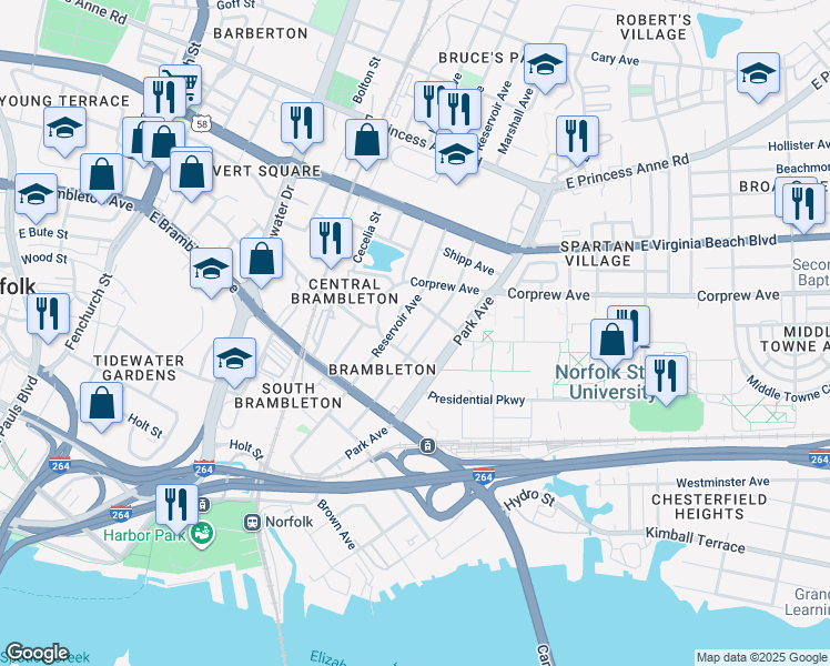 map of restaurants, bars, coffee shops, grocery stores, and more near 825 Marshall Avenue in Norfolk