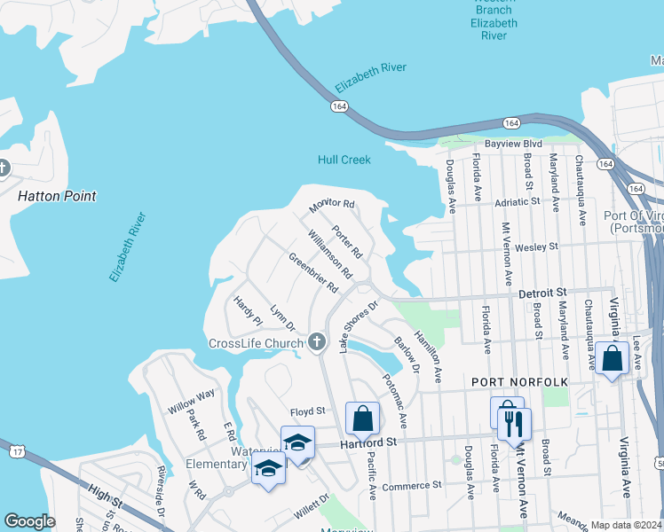 map of restaurants, bars, coffee shops, grocery stores, and more near 206 Williamson Road in Portsmouth