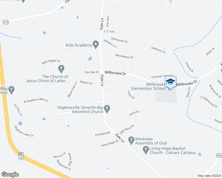 map of restaurants, bars, coffee shops, grocery stores, and more near 809 Hillcrest Drive in Hopkinsville