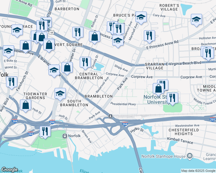 map of restaurants, bars, coffee shops, grocery stores, and more near 819 Park Avenue in Norfolk