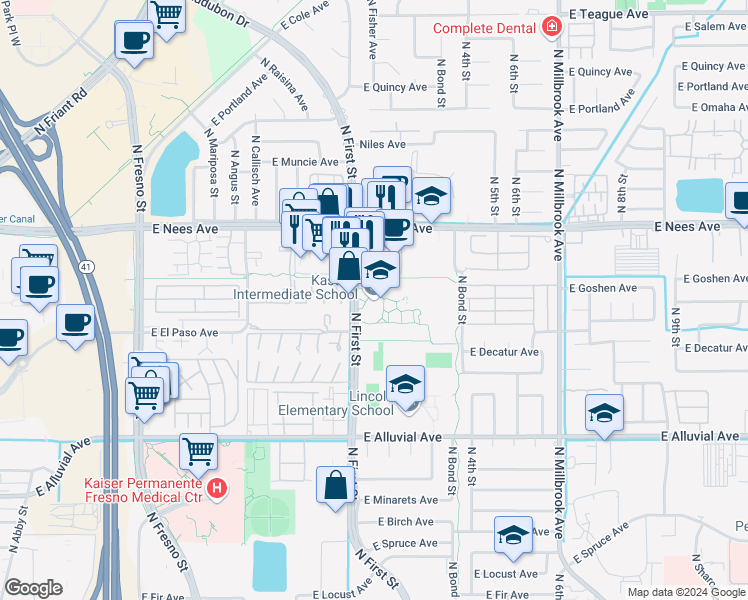 map of restaurants, bars, coffee shops, grocery stores, and more near 7676 North 1st Street in Fresno