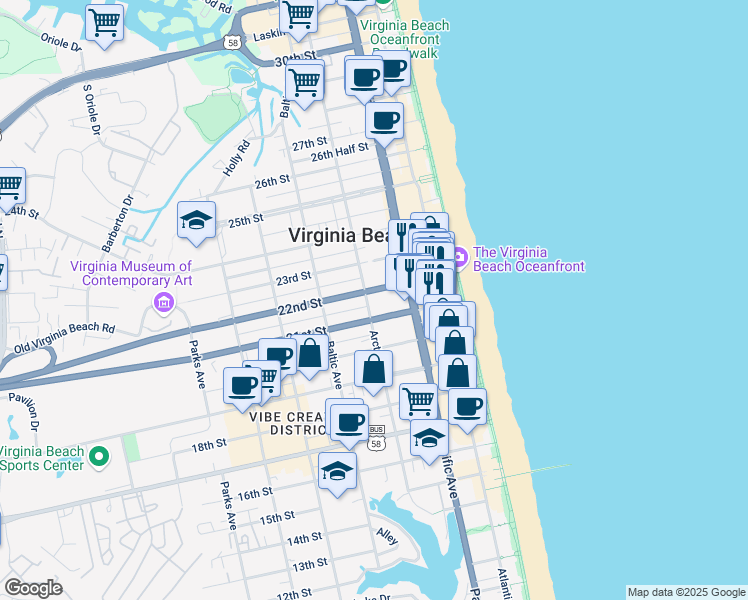 map of restaurants, bars, coffee shops, grocery stores, and more near in Virginia Beach