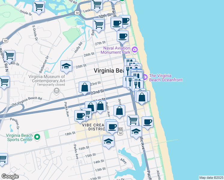 map of restaurants, bars, coffee shops, grocery stores, and more near 417 21 1/2 Street in Virginia Beach