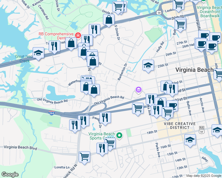 map of restaurants, bars, coffee shops, grocery stores, and more near 921 A Street in Virginia Beach