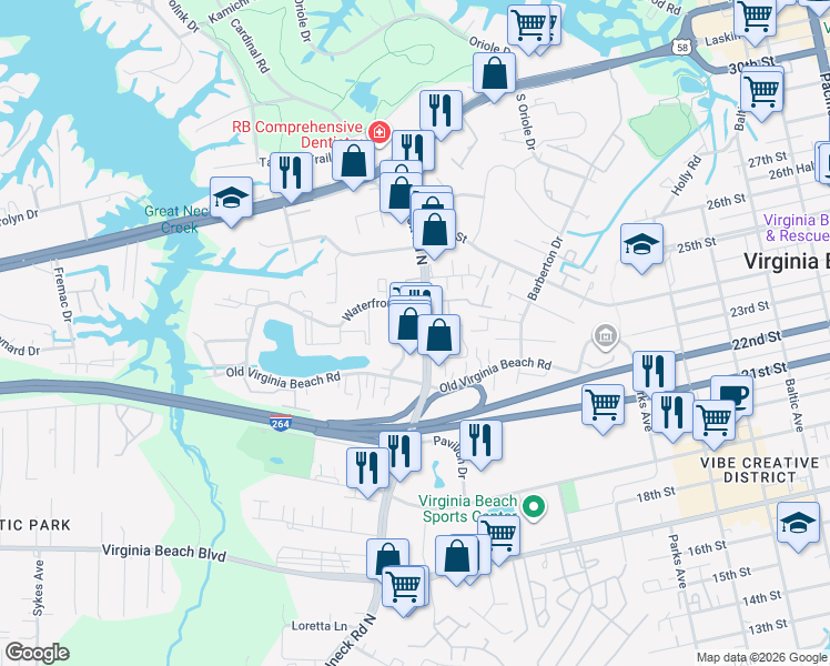 map of restaurants, bars, coffee shops, grocery stores, and more near 529 North Birdneck Road in Virginia Beach
