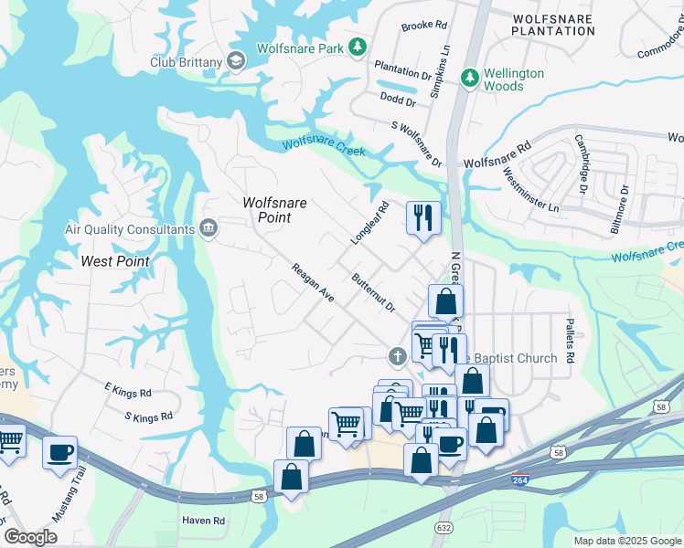 map of restaurants, bars, coffee shops, grocery stores, and more near 413 Shagbark Road in Virginia Beach