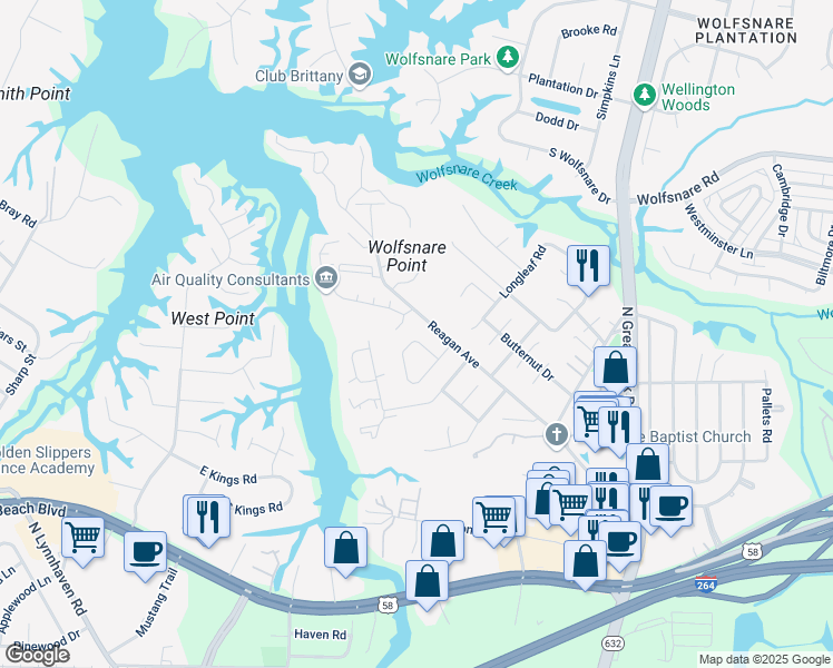 map of restaurants, bars, coffee shops, grocery stores, and more near 312 Falling Lane in Virginia Beach