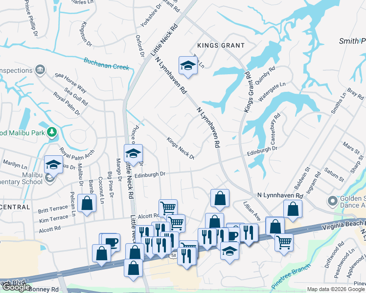 map of restaurants, bars, coffee shops, grocery stores, and more near 3365 Kings Neck Drive in Virginia Beach