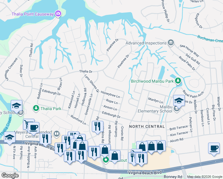 map of restaurants, bars, coffee shops, grocery stores, and more near 3828 Honeytree Lane in Virginia Beach