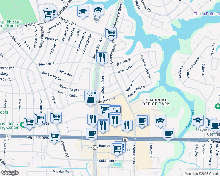 map of restaurants, bars, coffee shops, grocery stores, and more near 4513 William Pitt Lane in Virginia Beach