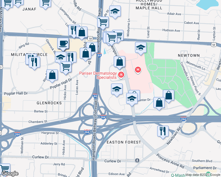 map of restaurants, bars, coffee shops, grocery stores, and more near 6162-6168 Kempsville Circle in Norfolk