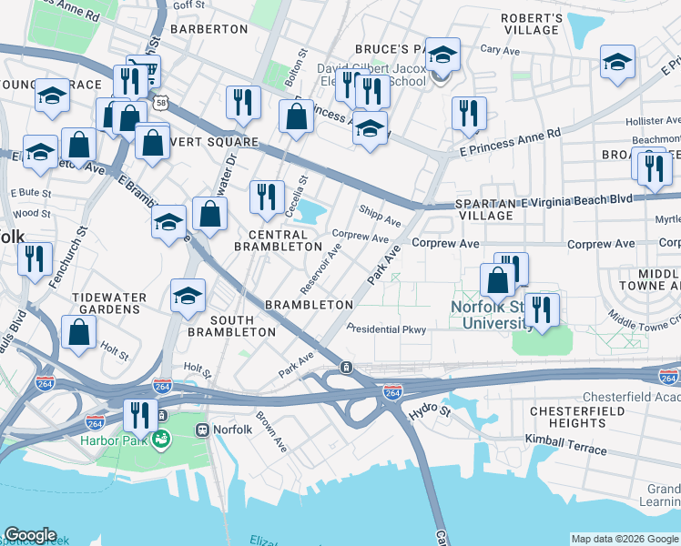 map of restaurants, bars, coffee shops, grocery stores, and more near 819 Park Avenue in Norfolk