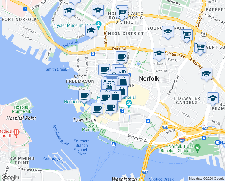 map of restaurants, bars, coffee shops, grocery stores, and more near in Norfolk