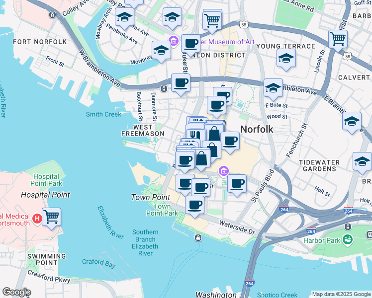 map of restaurants, bars, coffee shops, grocery stores, and more near 259 Granby Street in Norfolk