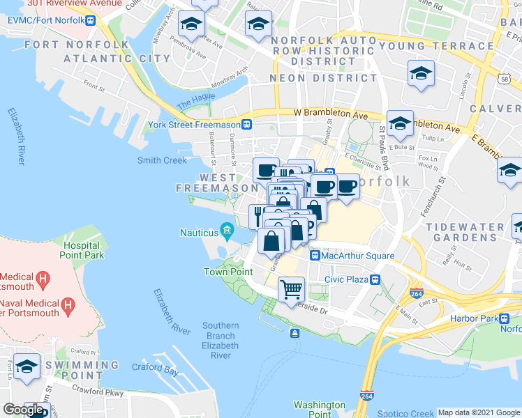 map of restaurants, bars, coffee shops, grocery stores, and more near 215 Brooke Avenue in Norfolk