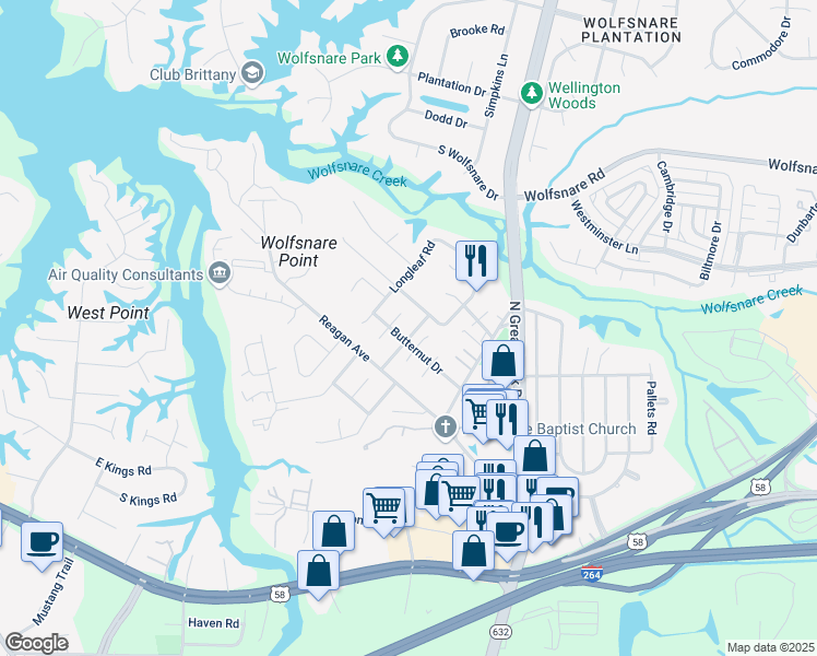 map of restaurants, bars, coffee shops, grocery stores, and more near 413 Shagbark Road in Virginia Beach