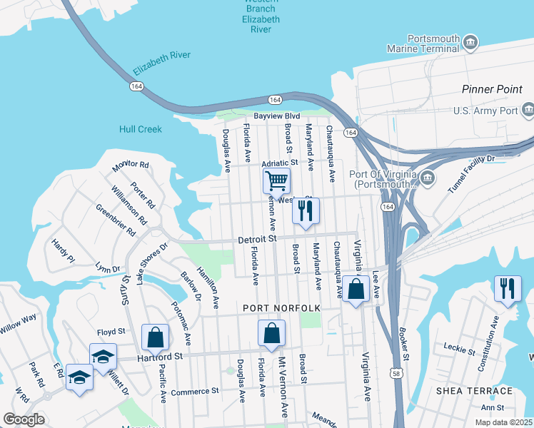 map of restaurants, bars, coffee shops, grocery stores, and more near 322 Mount Vernon Avenue in Portsmouth