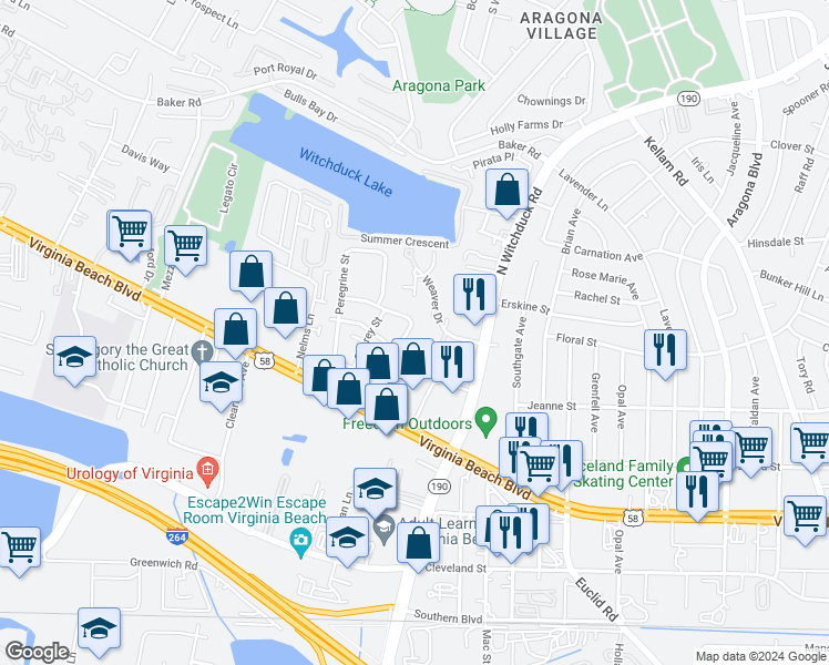 map of restaurants, bars, coffee shops, grocery stores, and more near 5124 Condor Street in Virginia Beach