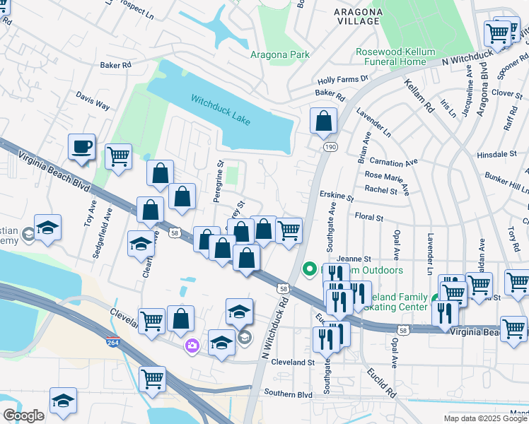 map of restaurants, bars, coffee shops, grocery stores, and more near 5124 Condor Street in Virginia Beach