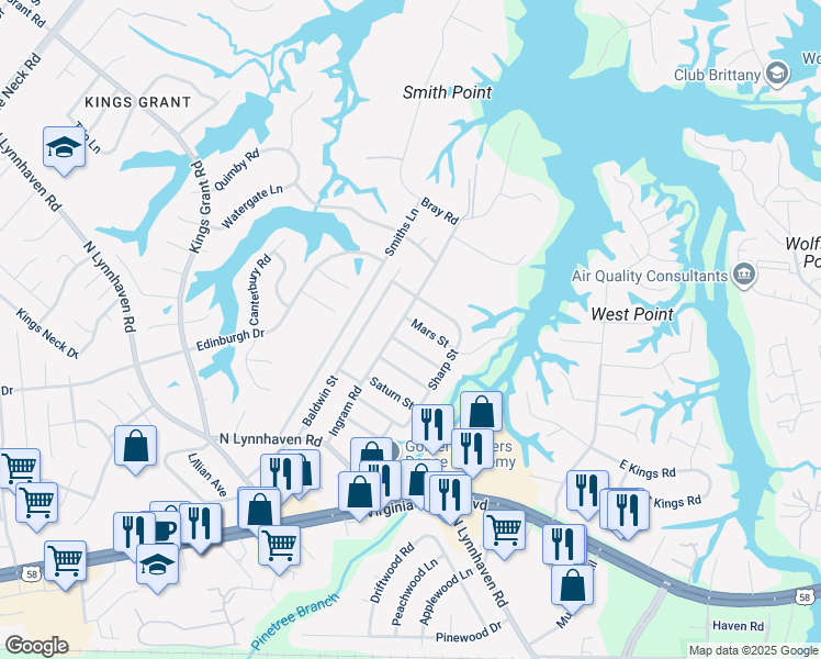 map of restaurants, bars, coffee shops, grocery stores, and more near 2929 Mars Street in Virginia Beach