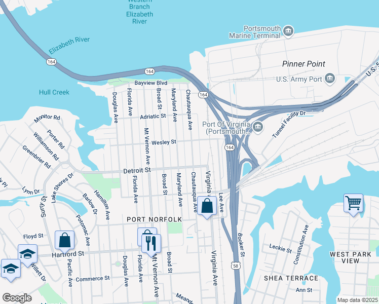 map of restaurants, bars, coffee shops, grocery stores, and more near 322 Chautauqua Avenue in Portsmouth