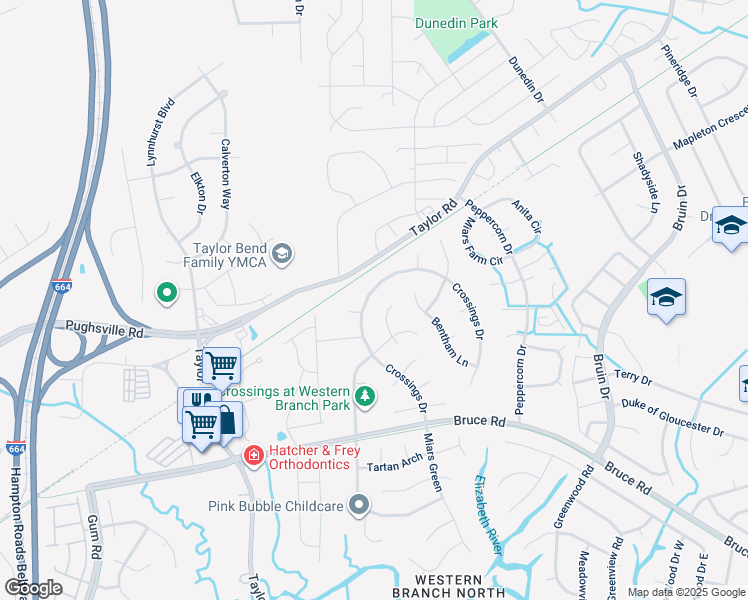 map of restaurants, bars, coffee shops, grocery stores, and more near 2938 Crossings Drive in Chesapeake