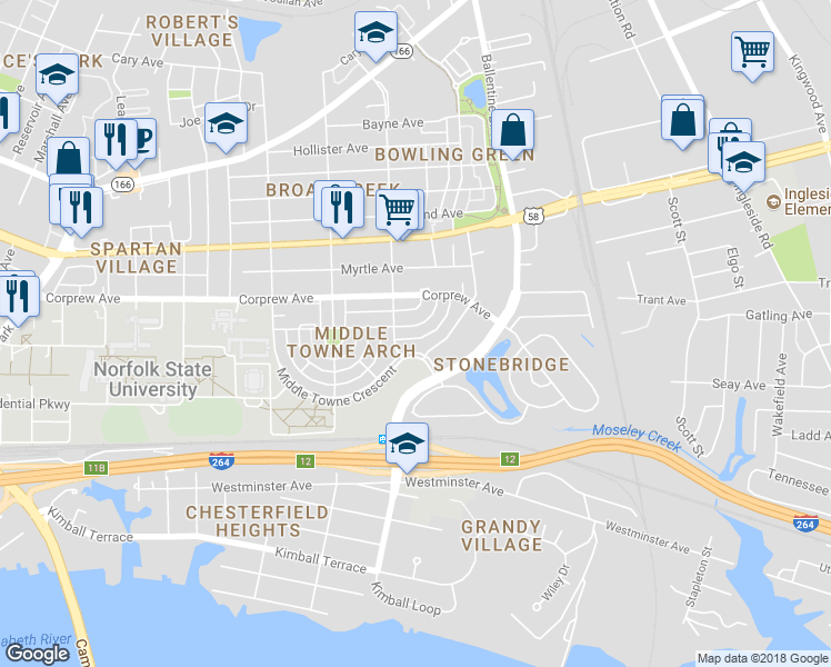 map of restaurants, bars, coffee shops, grocery stores, and more near 2917 Gate House Road in Norfolk