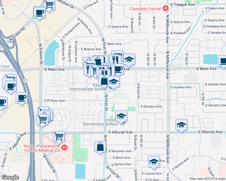 map of restaurants, bars, coffee shops, grocery stores, and more near 7676 North 1st Street in Fresno