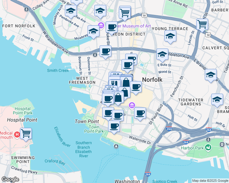 map of restaurants, bars, coffee shops, grocery stores, and more near in Norfolk