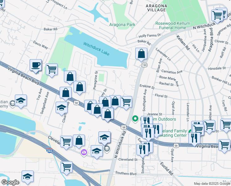 map of restaurants, bars, coffee shops, grocery stores, and more near 5126 Condor Street in Virginia Beach