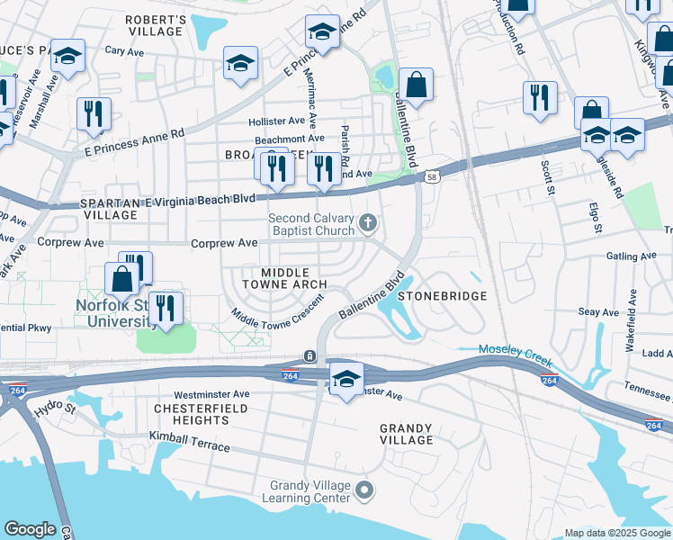map of restaurants, bars, coffee shops, grocery stores, and more near 2917 Gate House Road in Norfolk