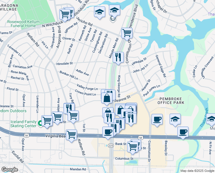 map of restaurants, bars, coffee shops, grocery stores, and more near 428 Minute Men Road in Virginia Beach