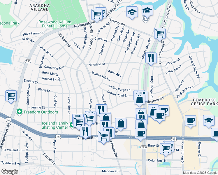 map of restaurants, bars, coffee shops, grocery stores, and more near 4717 Valley Forge Lane in Virginia Beach