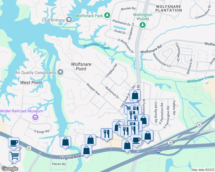 map of restaurants, bars, coffee shops, grocery stores, and more near 418 Burr Oak Court in Virginia Beach