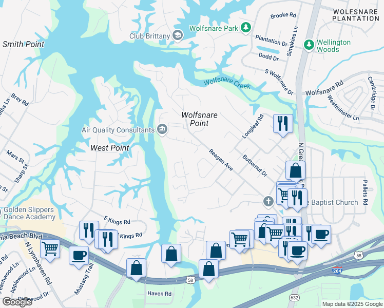 map of restaurants, bars, coffee shops, grocery stores, and more near 400 Falling Lane in Virginia Beach