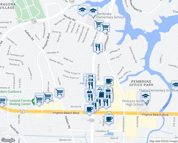 map of restaurants, bars, coffee shops, grocery stores, and more near 428 Minute Men Road in Virginia Beach