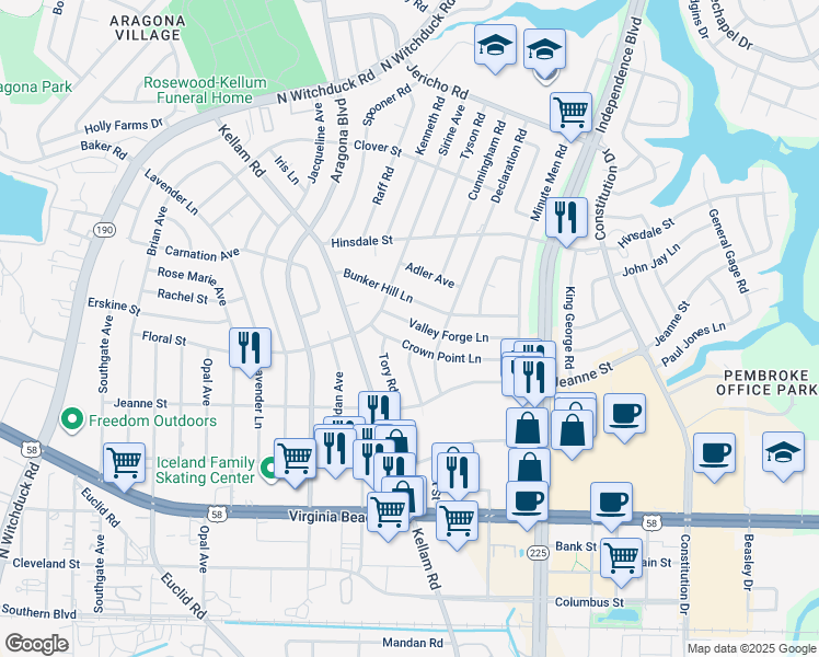 map of restaurants, bars, coffee shops, grocery stores, and more near 4717 Valley Forge Lane in Virginia Beach