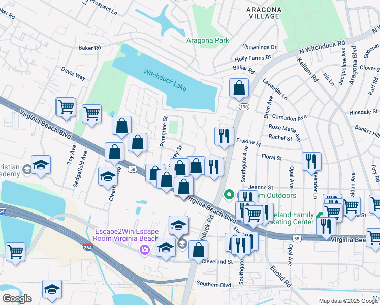 map of restaurants, bars, coffee shops, grocery stores, and more near 5121 Condor Street in Virginia Beach