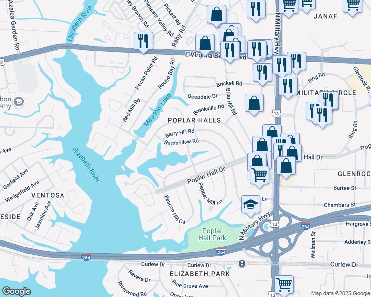 map of restaurants, bars, coffee shops, grocery stores, and more near 525 Duck Pond Road in Norfolk