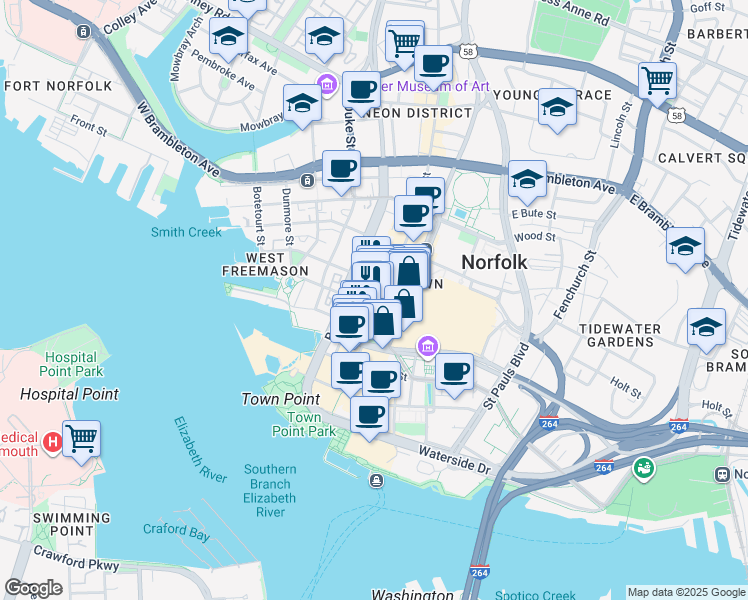 map of restaurants, bars, coffee shops, grocery stores, and more near 259 Granby Street in Norfolk