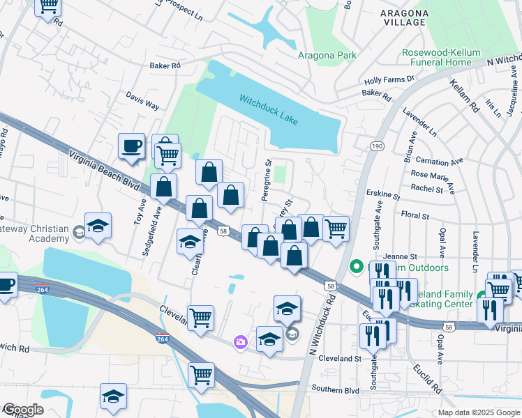 map of restaurants, bars, coffee shops, grocery stores, and more near 334 Harrier Street in Virginia Beach