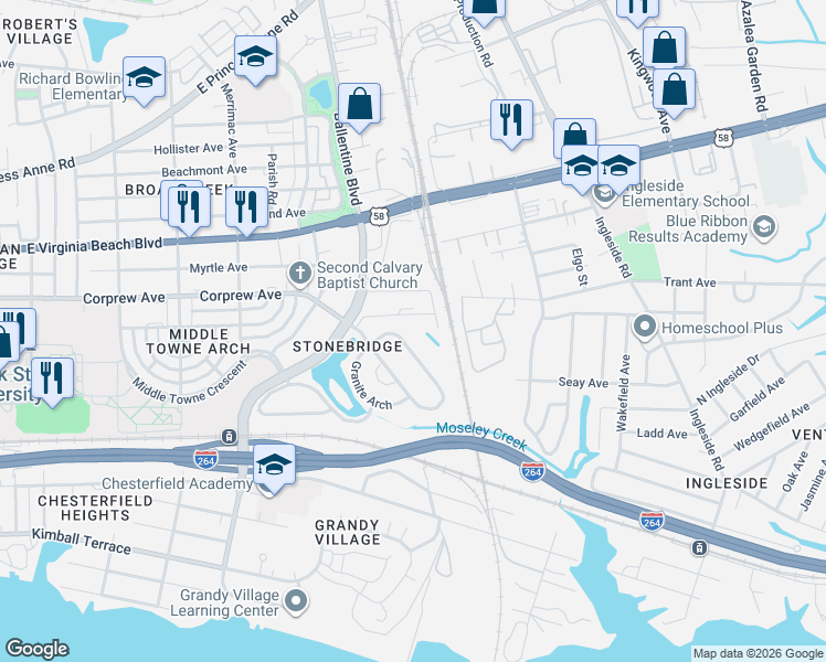 map of restaurants, bars, coffee shops, grocery stores, and more near 3125 North Stonebridge Drive in Norfolk